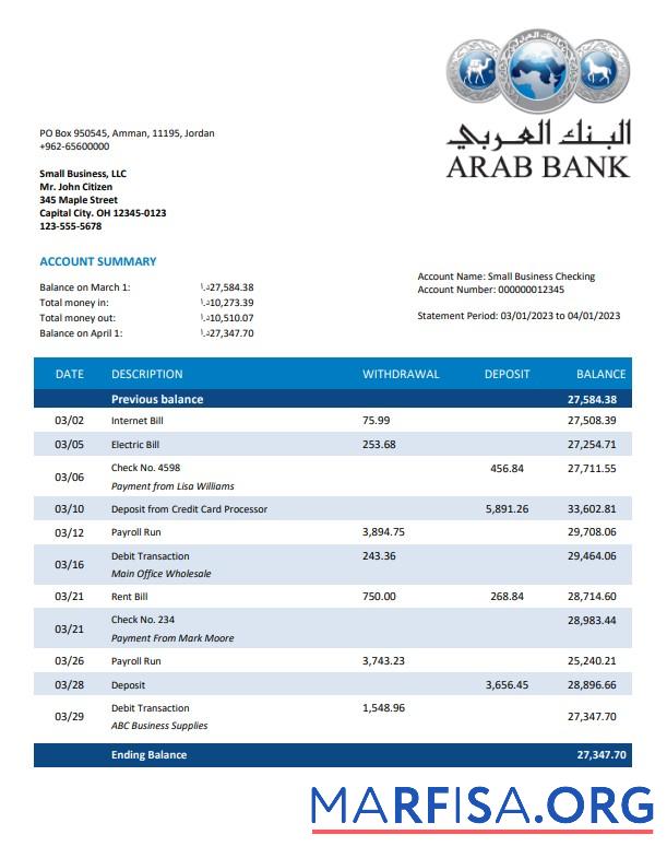Realistic Arab Bank organization checking account statement Word and PDF template